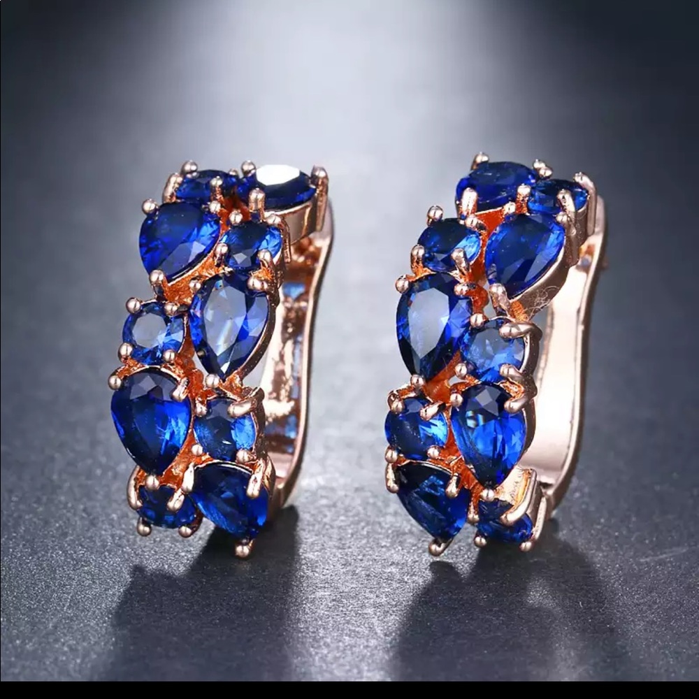 New Women’s Rose Gold Plated Sapphire Earrings - Picture 2 of 2